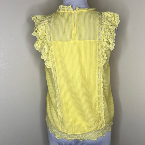 Anthropologie Maeve Victoria Blouse 8 Yellow Lace Ruffle Sleeveless Keyhole Chic - Picture 4 of 11